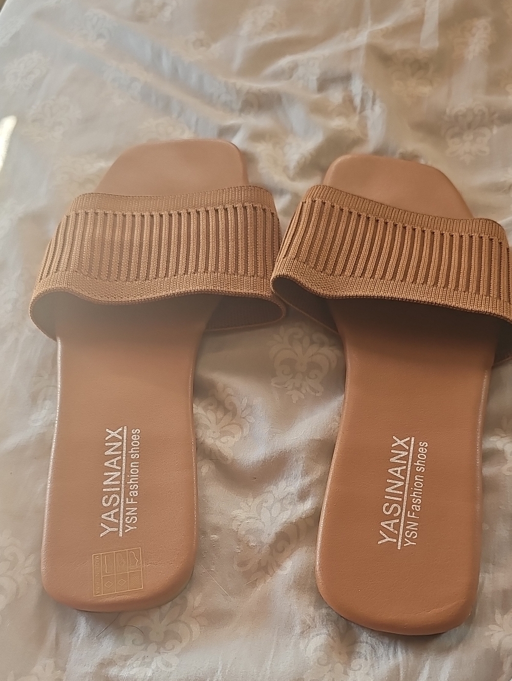 Women’s Tan Slide Sandals - Knit Strap Comfort